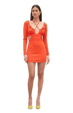 Atoir Serpent Dress Sz 8 Red Orange Halter Cut Out Long Sleeve Mini Bodycon NWT